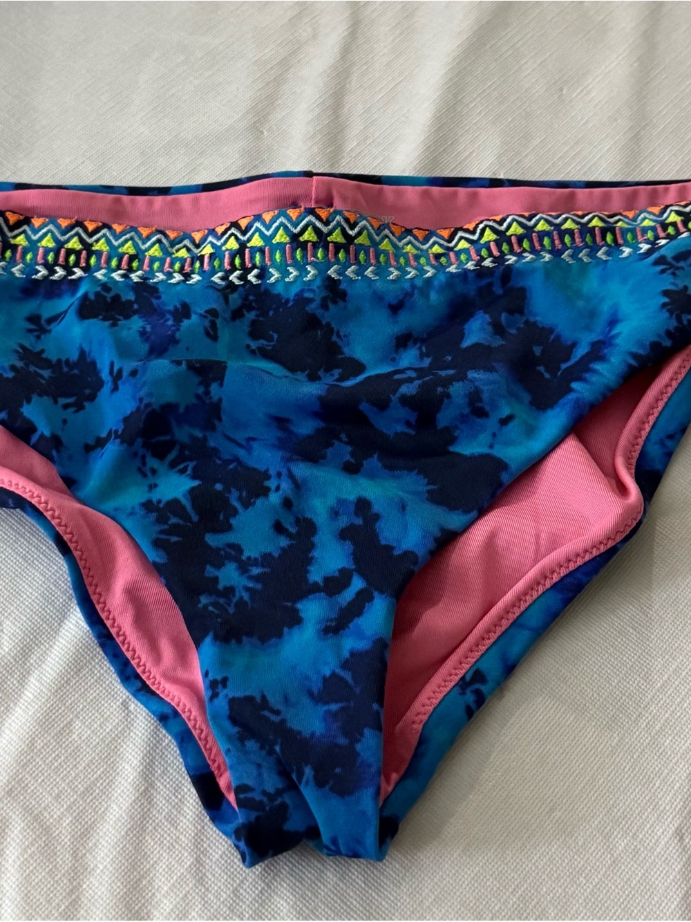 Blue Tie-Dye Bikini Bottom with Pink Trim
